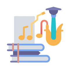 Stack of books and saxophone symbolizing music education concept