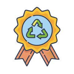 Award ribbon with recycling symbol in center isolated on black
