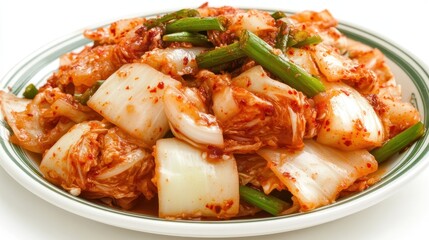 Fototapeta premium Korean Kimchi in a white dish with fresh green vegetables