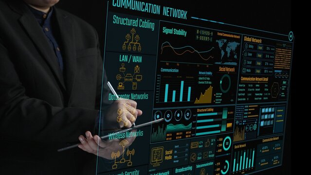 This stock photo showcases a professional analyzing communication networks with detailed graphs and data visualizations, emphasizing technology and connectivity insights. Cipher - Powered by Adobe