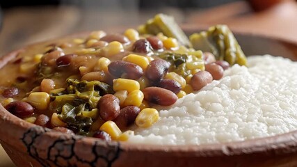 A closeup shot of a rustic bowl brimming with a vibrant and wholesome meal featuring fluffy white grains hearty kidney beans sweet corn kernels and fresh green vegetables creating a delicious and nut.