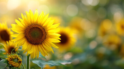 Obraz premium Vivid sunflower with bright yellow petals and textured brown center in a lush garden setting