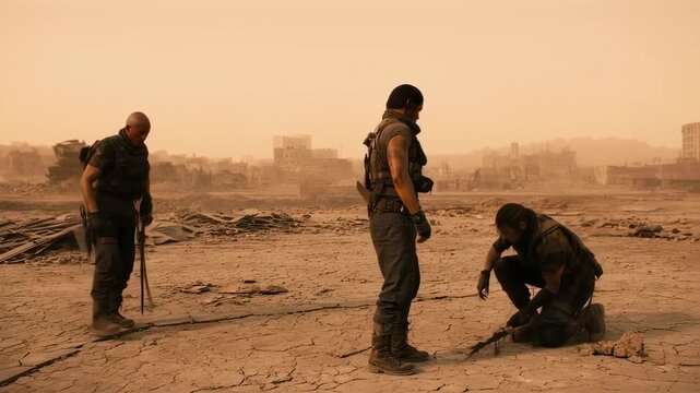 Desolate expedition: Squad navigating post-apocalyptic wasteland scenery