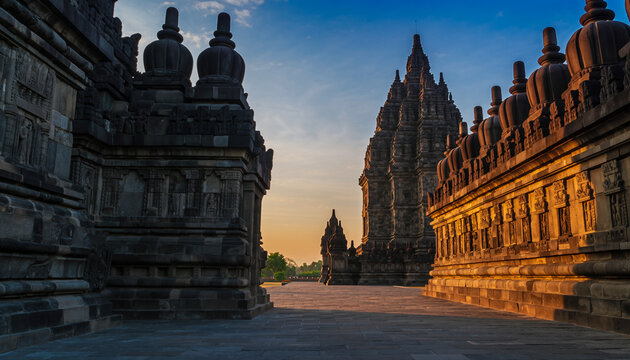 Ancient stone temple complex at sunrise or sunset, showcasing intricate architecture and historical grandeur.