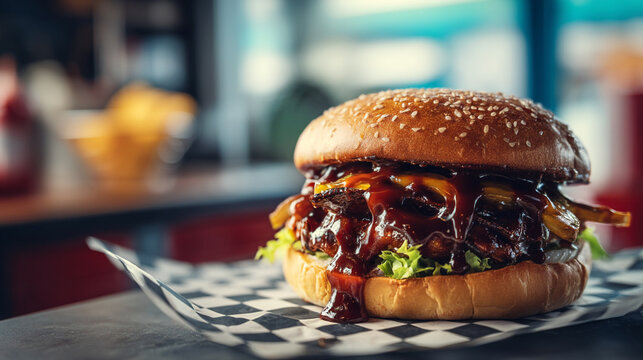 Delicious juicy BBQ burger with bacon and melted cheese on checkered paper in a restaurant
