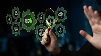 Interconnected green gears with icons representing renewable energy, carbon reduction, recycling,...