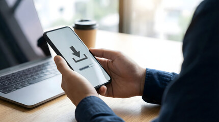 Close,up,of,person,holding,smartphone,showing,download,icon,on,screen,progress,bar,loading,application,software,update,digital,content,access,mobile,technology,at,modern,workspace,background