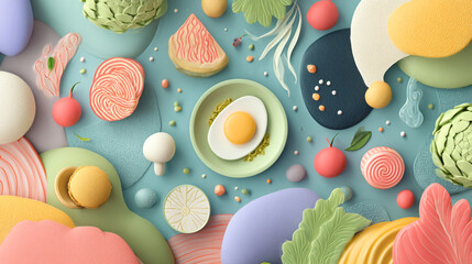 Creative 3D abstract food illustration with stylized eggs and vegetables in pastel colors