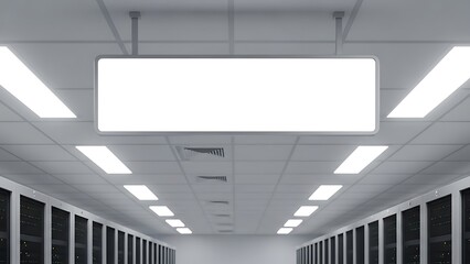 Illuminated Blank Sign in Modern Data Center Hallway Symbolizing Digital Future and Customization