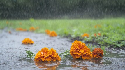 Orange marigolds floating in rain water against a green background