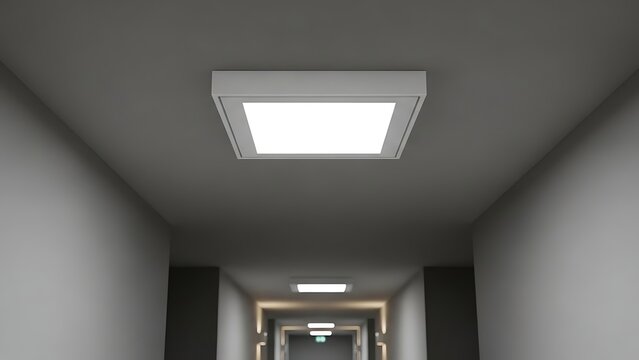 Contemporary square LED lighting fixture in a sleek, long hallway, creating a bright and minimalist interior design