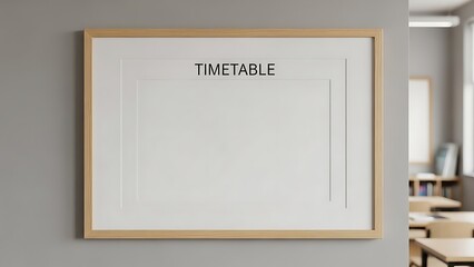 A blank timetable framed on a wall in a classroom with desks and chairs in the background