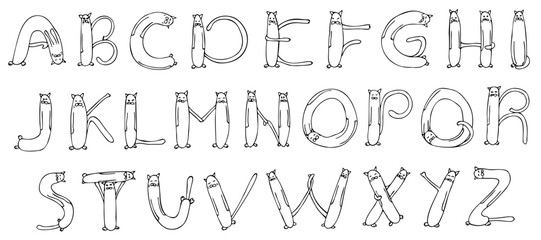 Hand-drawn cartoon cat alphabet. © TextureTextileLab