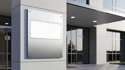 Modern office building entrance with blank signboard on a concrete pillar, sleek architecture, and large glass doors reflecting the surroundings
