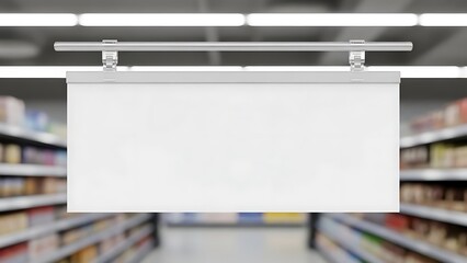 A blank white sign hangs from a metal bar in a blurred supermarket aisle with shelves of products on either side.