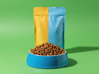 A blue bowl filled with brown dog food in front of colorful pet food packaging on green background