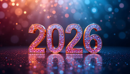 Glittering numbers in pink and purple on a dark reflective surface with bokeh new year