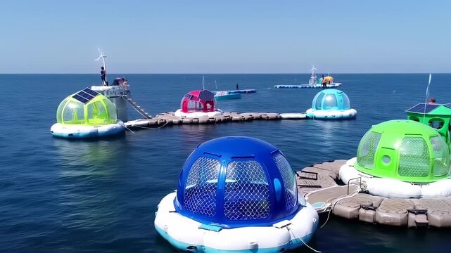Futuristic floating eco-resort pods with renewable energy sources on open sea