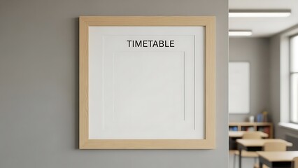A framed timetable on a gray wall in a classroom with desks and windows