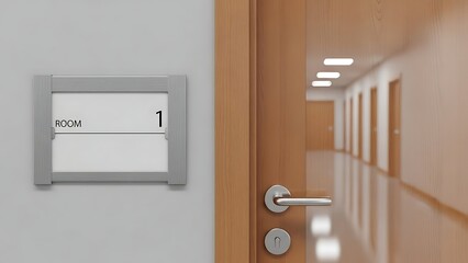 Doorway to Room 1 in a Brightly Lit Corridor with Multiple Doors