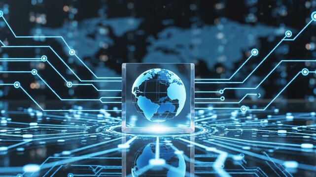 Digital globe with glowing blue circuit lines transparent cube showcasing futuristic technology network and data connection holographic projection symbolizing global digital connectivity