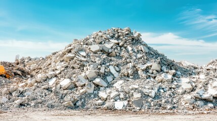 Pile of shattered concrete rubble against a clear blue sky