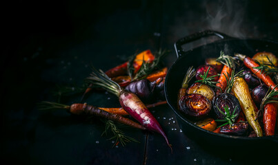 Creative food template. Steaming hot with smoke Black cast iron skillet pan roasted root vegetables, carrot turnips parsnip onion, herbs rosemary sprigs, sea salt on rustic dark table. copy text space