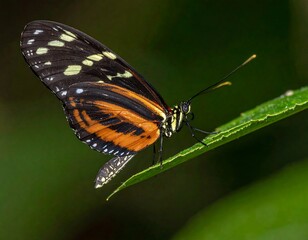 Obraz premium Butterfly with orange and black wings perches on a leaf