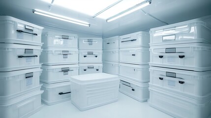 Stacks of clean white medical supply crates in a sterile storage room