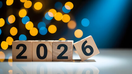 Wooden blocks beautifully spell out the year "2026" with a decorative number six tipping over against a festive bokeh background.
