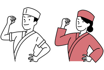 頼もしい和食屋の男女の店員　セット