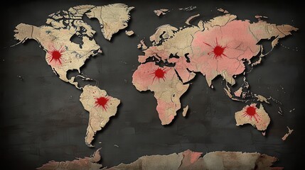 Overlapping distressed world maps displaying red spots on dark background