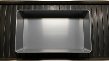 Obraz premium Empty metal baking tray on a ribbed conveyor belt at a security checkpoint