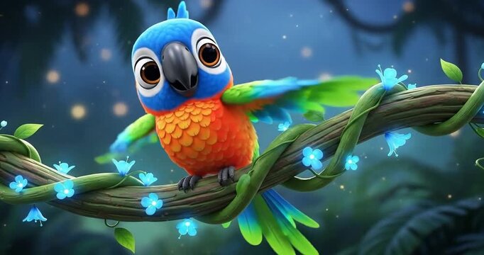 Colorful tropical parrot perched on a vine with glowing blue flowers in a mystical forest
