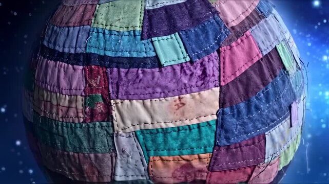 Colorful patchwork sphere against a cosmic backdrop evokes warmth and texture