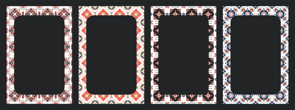 Collection of colorful retro floral tile border frames with geometric ornament for aesthetic design template