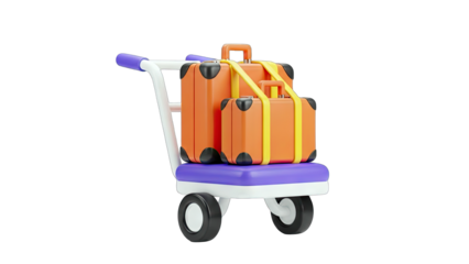3D Luggage cart with orange suitcases and yellow straps on transparent background