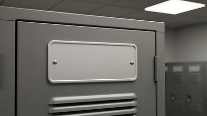 Obraz premium A close-up of a metal locker with a blank nameplate in a school hallway with fluorescent lighting