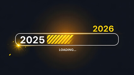 A digital loading bar transitions from "2025" to "2026" with glowing yellow progress and sparkles on a dark background, symbolizing the new year's coming.