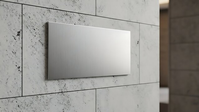 A silver plaque mounted on a marble wall in a modern interior setting viewed from the side