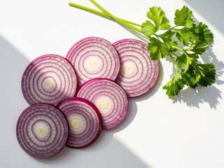 Sliced red onions and fresh parsley on a white surface, healthy food ingredients for cooking and recipe preparation