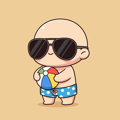 Cartoon bald boy with sunglasses holding a beach ball.