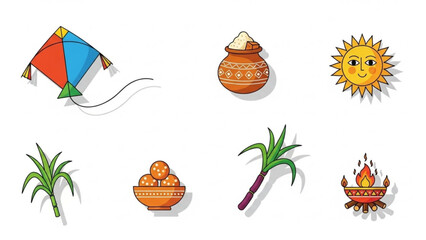 Makar sankranti festival symbols, kite, sweetmeats, sun, plants, fire, indian harvest celebration elements