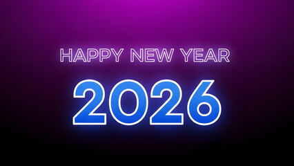 The vibrant phrase "HAPPY NEW YEAR 2026" shines brightly in glowing blue neon letters against a dark, festive purple background, celebrating the upcoming year.