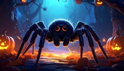 Cartoon spider with orange eyes, jack-o'-lanterns, and autumn leaves