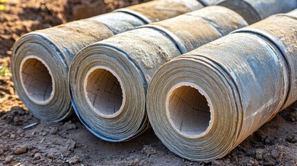 Rolls of durable repair tape with adhesive backing stacked neatly on the ground outdoors