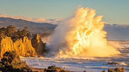 Spectacular wave crashing against jagged coastal rock formations