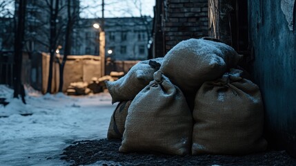 Snow covered burlap sacks piled in an urban winter scene