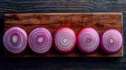 Sliced red onions arranged on a wooden cutting board closeup