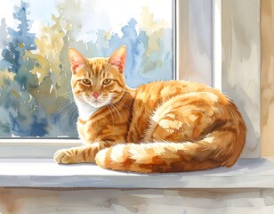Watercolor painting depicts an orange tabby cat resting on a bright windowsill overlooking a blurred, colorful forest scene